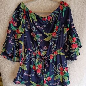 Blush Floral Ruffle Sleeve Blouse - Navy